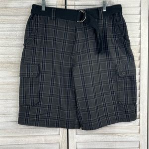 BEVERLY HILLS POLO CLUB Men's Shorts Flat Front Cargo w Belt Black/Gray Plaid-36